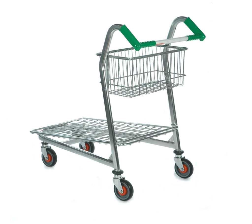 A back view of a small flatbed shopping trolley with green handles.