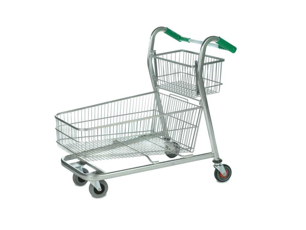A front view of a wheelbarrow trolley with green handles on a white background.