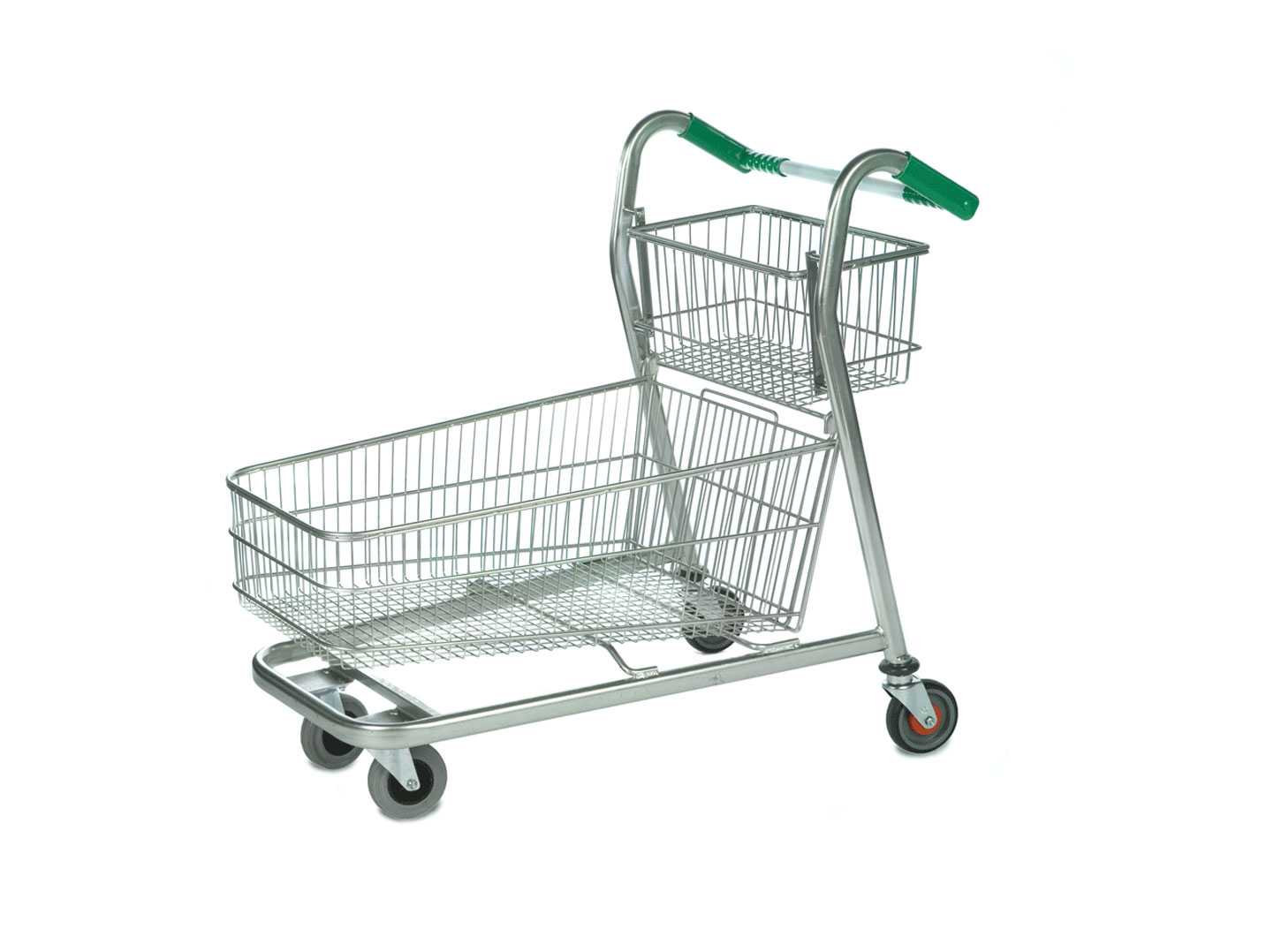 A front view of a wheelbarrow trolley with green handles on a white background.