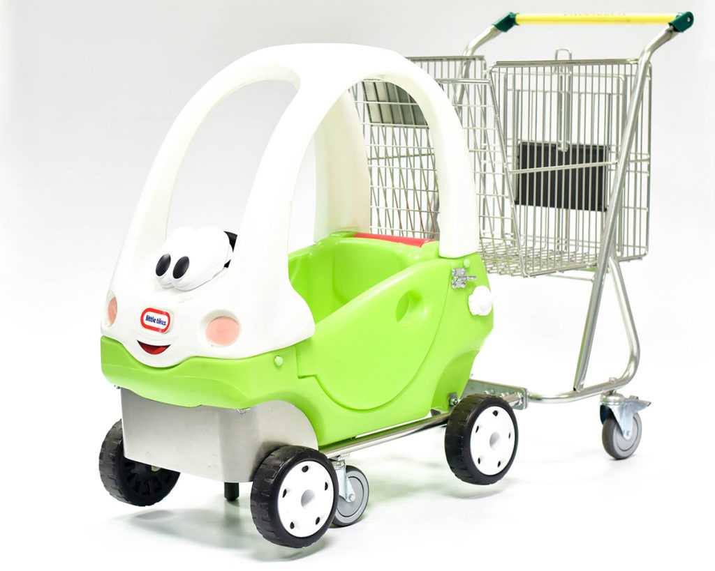 A shopping trolley with a child car attached to the front on a grey and white background.